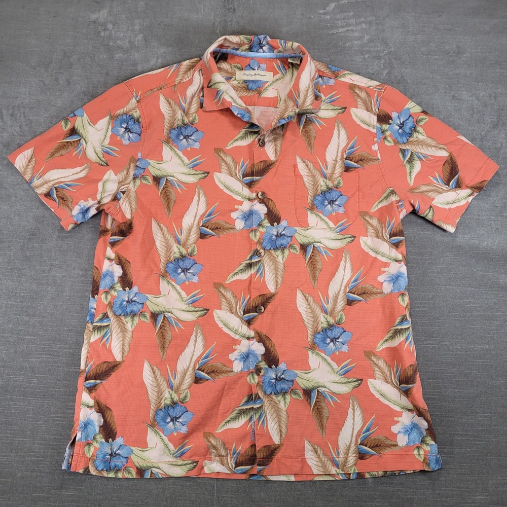 Tommy Bahama Mens Large Silk Blend Floral Hawaiian Camp Shirt Hibiscus‎